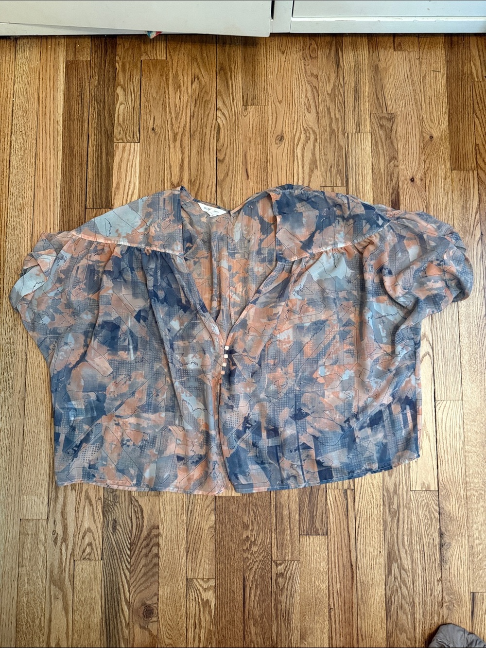 BCBGeneration Blue and Peach Abstract Button-Front Blouse